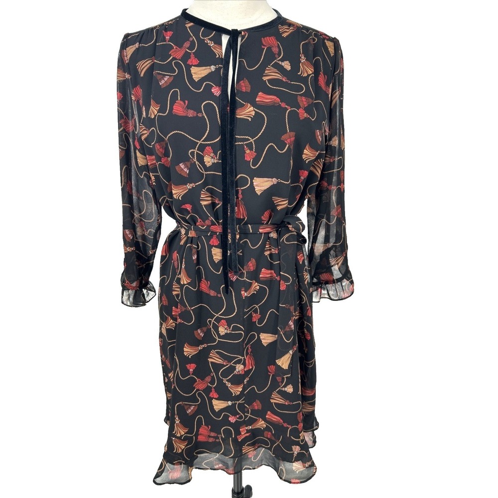 Marella Women's Black Rope Tassel‎ Print Tie Neck Ruffle Dress Size 4